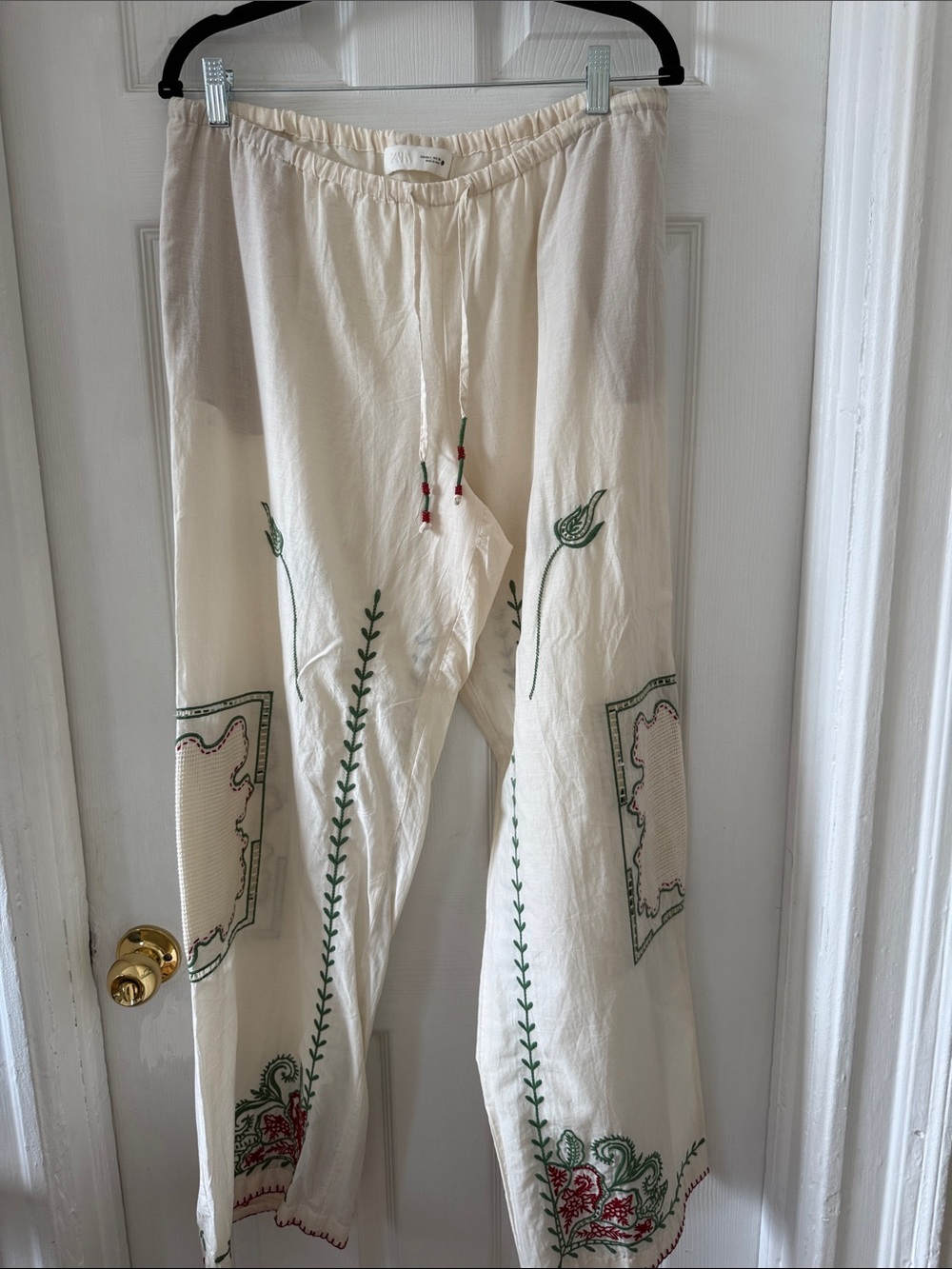 Zara Cream Wide Leg Pants with Green & Red Embroidery